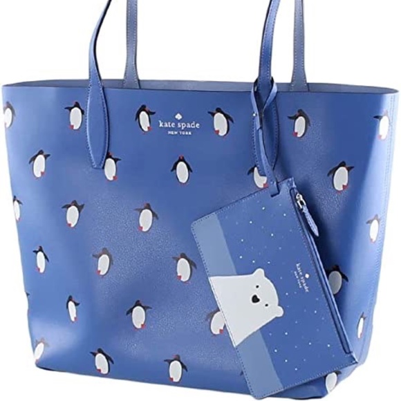 ❄️NWT 🐧 Kate Spade blue large tote ❄️ 🐧 arctic friends Reversible - Picture 8 of 13
